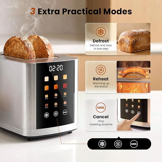 2 Slice Touchscreen Toaster Stainless Steel Smart Digital Toaster | 1.5" Extra Wide Slot Toaster, 6 Bread Types & 6 Browning Settings, LED Countdown, Reheat Defrost Cancel, for Home Dorm RV