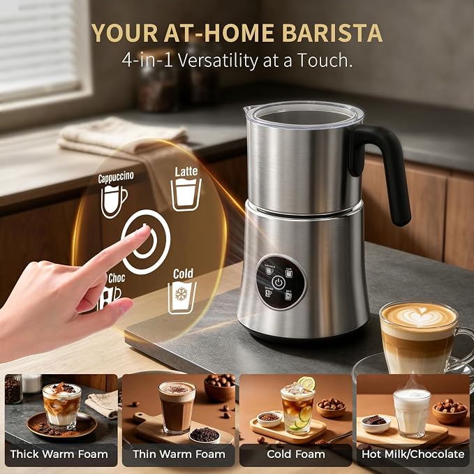 Milk Frother and Steamer, Electric Frother 900ML | All-in-1 Automatic Hot and Cold Foam Maker , Detachable Stainless Steel Jug for Latte, Cappuccino, Macchiato, Hot Chocolate