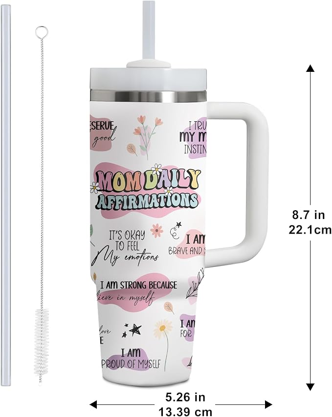 Gossby Mom Daily Affirmations Tumbler, 30oz Stainless Steel with Handle | Mom Birthday Gifts, Gifts for Mom Positive, Daily Affirmations Cup, Tumbler Insulated with Straw and Lid, Gift for Mama