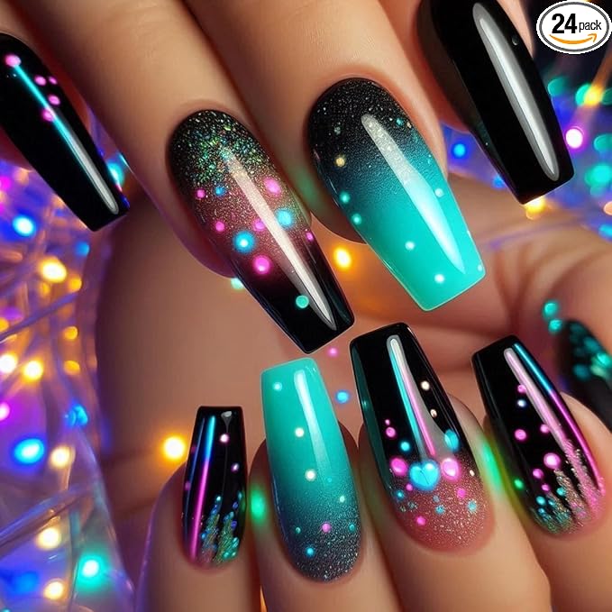 24Pcs Black Press on Nails Square WLGDLH Medium Coffin Fake Nails Press ons Nail Art Tips with Neon Gradient Design Cute Glossy False Nails Full Cover Repeatable Glue on Nail for Women 24Pcs