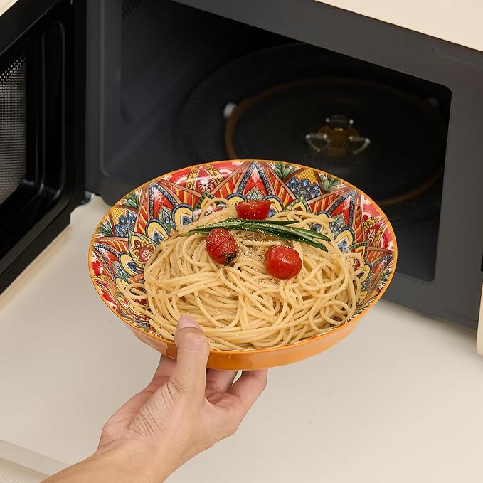 Ceramic Pasta Bowls Set of 6-8 inch 30 oz Serving Bowls, Colorful Dinner Bowls for Soup,Salad, and Pasta, Kitchen, Microwave, Dishwasher Safe, mexican, Bohemian Style