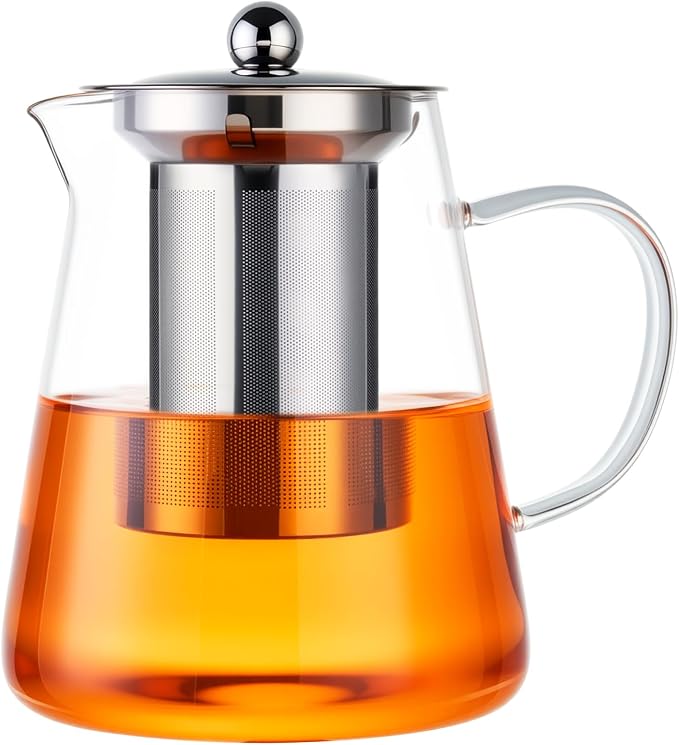 Baalaka Tea Infuser Pot, 32 oz Clear Borosilicate Glass Kettle, Stovetop | Removable 18/8 stainless steel strainer handles loose leaf, fruit or herbal blends; wide mouth and angled spout ease use
