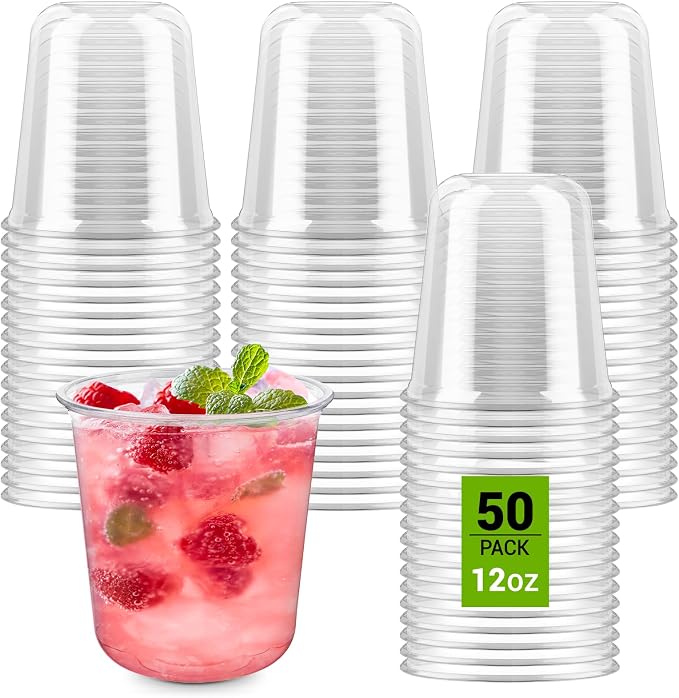 50 Pcs Round Bottom Plastic Cups, 12 oz Disposable Stemless Wine Glasses | Clear Plastic Cocktail Cups, Cold Drinking Party Glasses, For Wedding Gathering Birthday Meeting