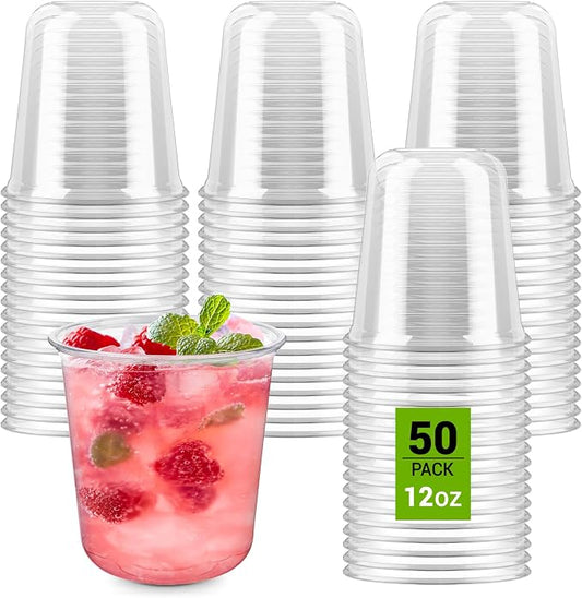 50 Pcs Round Bottom Plastic Cups, 12 oz Disposable Stemless Wine Glasses | Clear Plastic Cocktail Cups, Cold Drinking Party Glasses, For Wedding Gathering Birthday Meeting