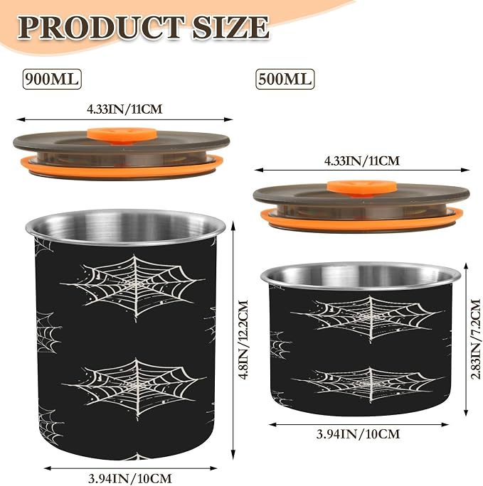 Halloween Spider Web Airtight Food Canister, 17oz Stainless Steel Storage Jar for Coffee Beans Tea Grains Snacks, Kitchen Organizer Decor