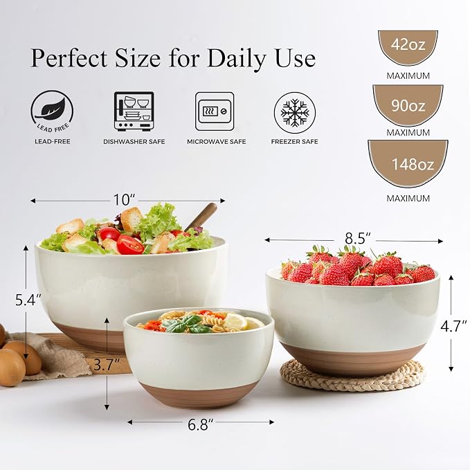 AmorArc Ceramic Mixing Bowls,Stoneware Nesting Bowls Set of 3 for Kitchen | Serving Bowls with Rustic Terracotta Underside for Mixing,Cooking,Baking,Salad,Microwave&Dishwasher Safe 4.6/2.8/1.3 Qt-Beige