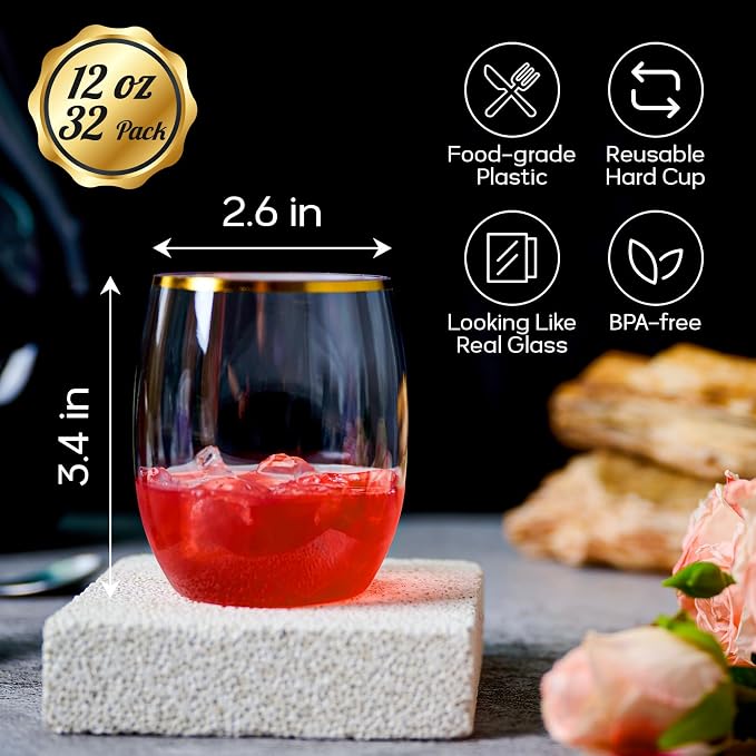FOCUSLINE 32 Pack 12 OZ Plastic Wine Glasses, Stemless Disposable Wine Cups, Gold Rim Unbreakable Wine Glasses, Reusable Shatterproof Recyclable and BPA-Free Plastic Wine Cups