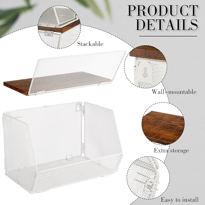 Teenyyou 2 Pcs Stackable Mesh Fruit Basket with Lid Wall Produce Vegetable Storage Basket Onion Potato Hanging Metal Wire Container for Kitchen Counter Pantry(Non-removable,White,7.1" w & 11.8" l)