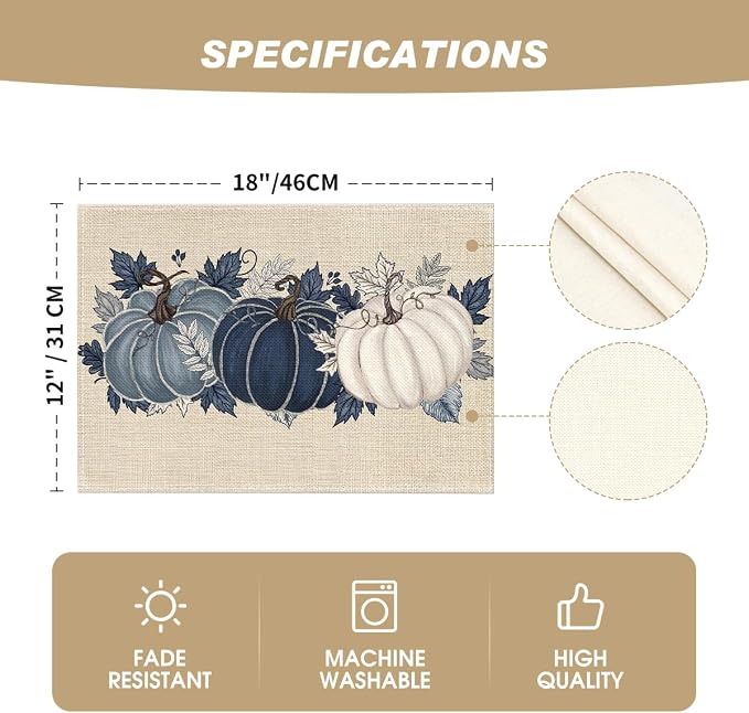 Artoid Mode Navy Blue Pumpkins Fall Placemats Set of 6-12 x 18 Inch | Heat-Resistant Table Mats, Washable Seasonal Autumn Kitchen Dining Decor