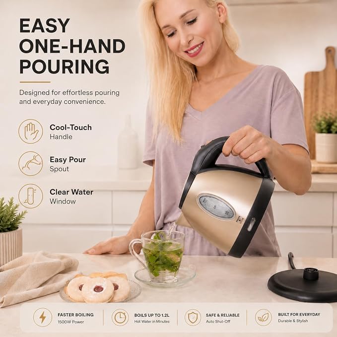 Moss & Stone Stainless Steel Electric Kettle, 1.2L Cordless 1500W | Small, portable hot water tea kettle, fast boiling pot, boil-dry protection, auto shut-off, blue Illuminate LED light