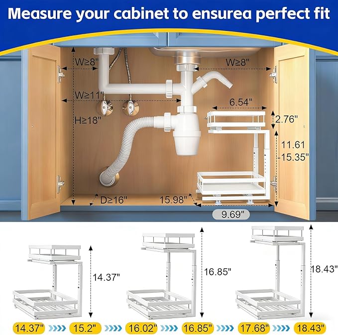 2-Tier Metal L-Shaped Pull-Out Under Sink Organizer, White, 2 Pack | 2 complete sets; ball-bearing slides; 6-level height; no-drill setup