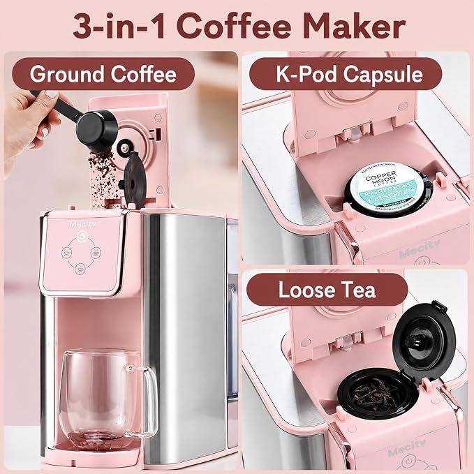 Mecity Pink Coffee Maker 3-in-1 Single Serve Coffee Machine, For Flat Bottom Coffee Capsule, Ground Coffee, 6 to 10 Ounce Cup, Removable 50 Oz Water Reservoir, 120V 1150W