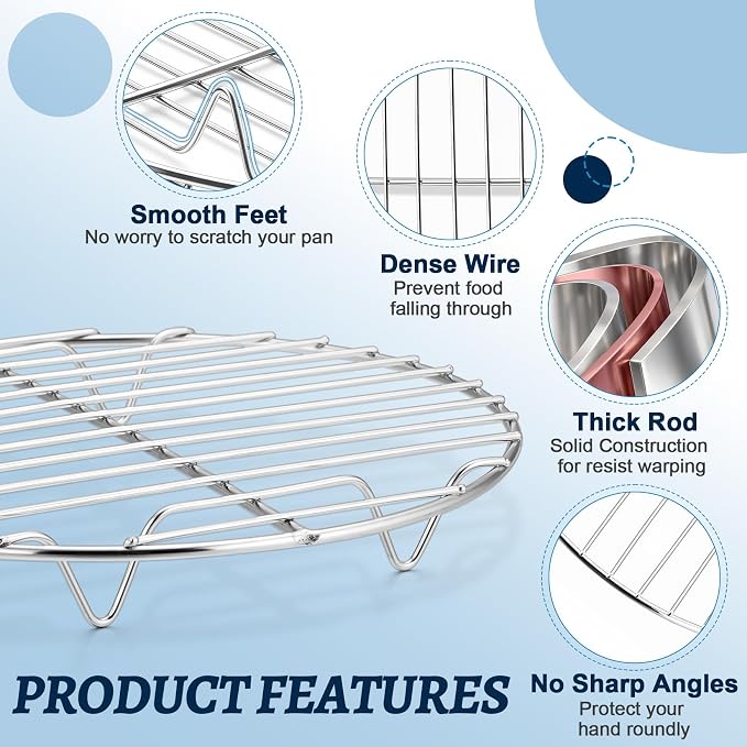 P&P CHEF Round Cooking Rack, Cooling Rack for Steamer, 10.5”, Silver | 3 Pack Stainless Steel Baking Rack for Grilling Roasting, Fits Air Fryer, Canning Pot, Oven & Dishwasher Safe, Non-toxic