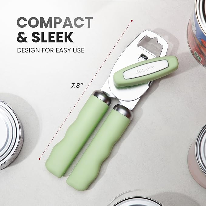 Zulay Kitchen Heavy Duty Stainless Steel Can Opener Manual with Bottle Opener - Rust Proof Manual Can Opener With Turn Knob & Comfy Soft Grip Handles - Pistachio
