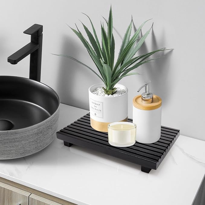 Black Bathroom Counter Tray Organizer Wood Riser Stand Kitchen Soap Holder | Rustic Countertop Trays Wooden Pedestal Display Dish Soap Dispenser Holder for Bathroom Decor Sink Accessories Vanity Tray