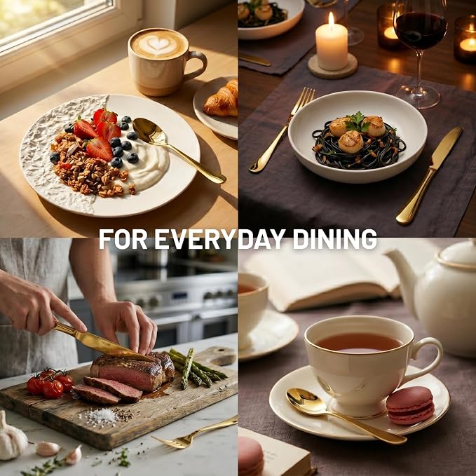 VIVANI 16-Piece Gold Silverware Set for 4, Stainless Steel Flatware Set | Dishwasher Safe Cutlery Set with Titanium Coating for Home, Kitchen, Apartment, Dinner Party, Housewarming, Rust Resistant