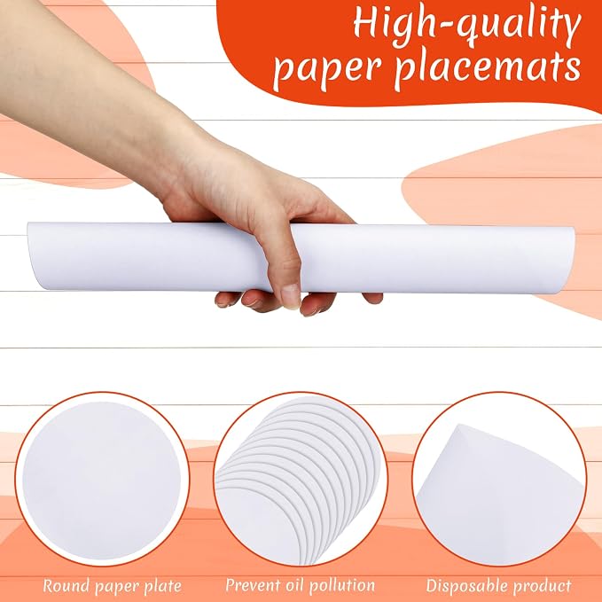 Yeaqee 120 Pcs Disposable Paper Placemats 12 Inch Round Paper Place Mats Blank Table Mats for Restaurant Catering Dining Weddings Birthday Table Holiday Parties Supplies(White)