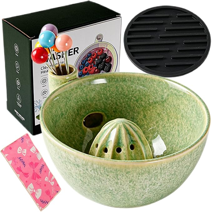 Self Spinning Ceramic Berry Washing Bowl with Drain Holes, 5.5'' Kitchen Fruit Washer Spinner Bowl with Fruit Fork and Waterproof Pad (Small-Green-A)