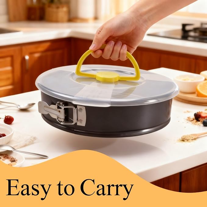 2Pcs Springform Pan Set with Lids, 9 and 10 Inch Nonstick Carbon Steel Cake Pans, Removable Bottom Bakeware for Cheesecake, Pizza, Pie with Travel-Friendly Design