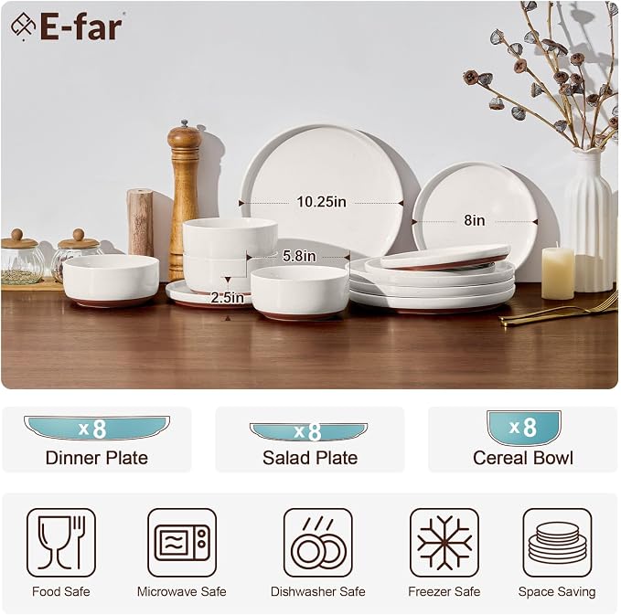 E-far 24-Piece Stoneware Dinnerware Sets, Plates and Bowls Sets for 8, Ceramic Dishware Dishes Set with Terracotta Base, Chip & Scratch Resistant, Microwave & Dishwasher Safe, Speckled White