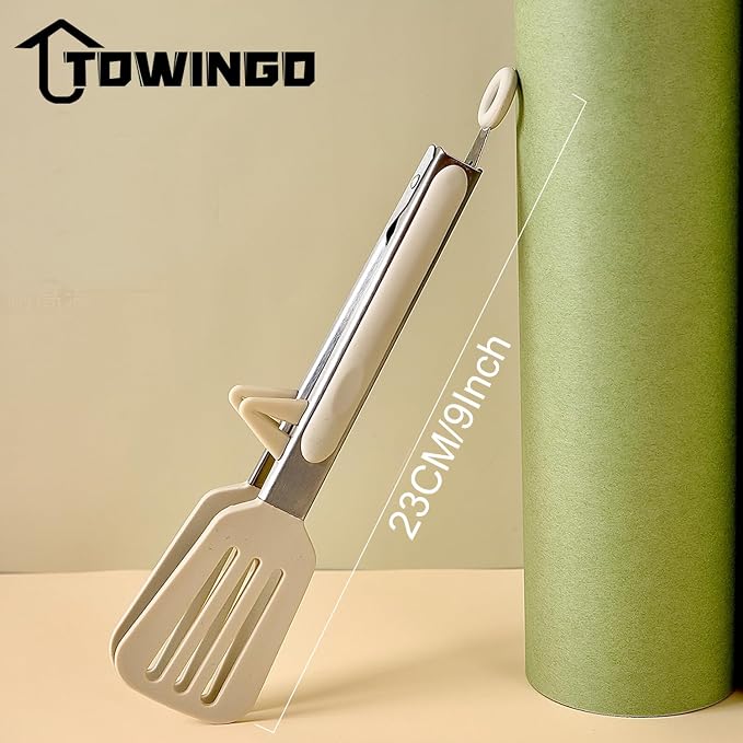 9" Kitchen Tongs for cooking with Silicone Tips, 3Pcs Serving Tongs, White | Small Silicone Tongs mit kickstand, Food Grade, 3 different type of tongs, Stainless Steel