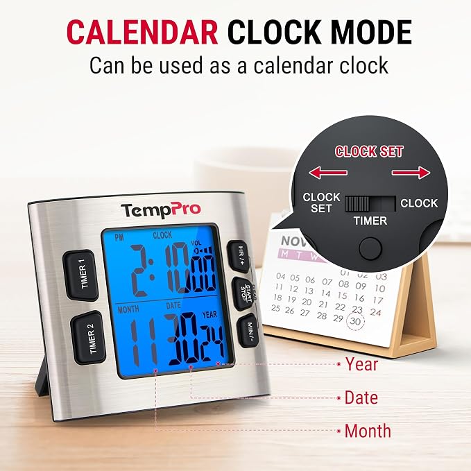 TempPro TM02 24H Kitchen Timer with Dual Digital Timers & Clock Mode | Magnetic Timer with Adjustable Alarm Volume, Kitchen Timers for Cooking with LCD Backlit, Classroom Timer for Kids, 2 Pack