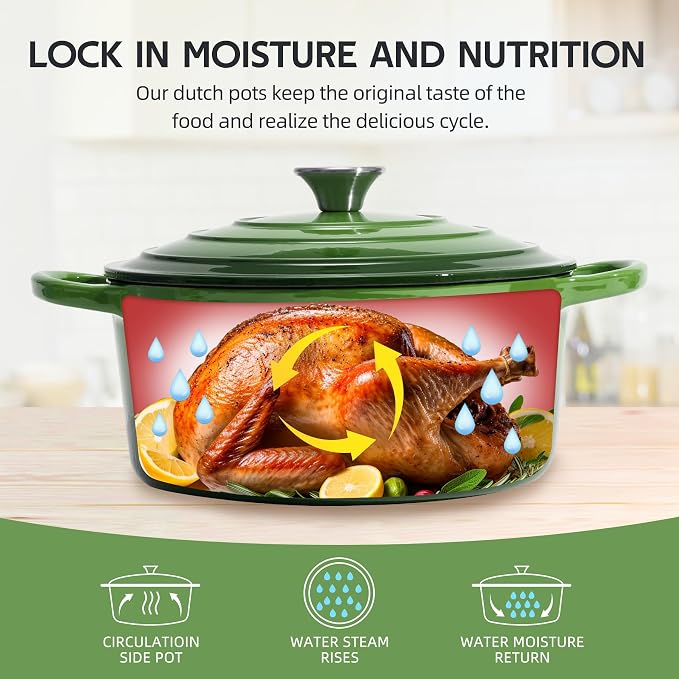6 Quart Dutch Oven Enameled Cast Iron with Lid - Big Dual Handles - Oven Safe up to 500°F - Classic Round Pot for Versatile Cooking (Green, 6 QT)
