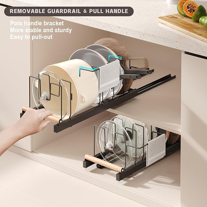 Magheo Pull Out Pots and Pans Organizer Under Cabinet, 22" Deep Expandable Pot Lid Organizer and Storage with 10 Adjustable Dividers Adhesive Pot and Pan Holder Rack with Handle Bracket(1 Pack,Black)