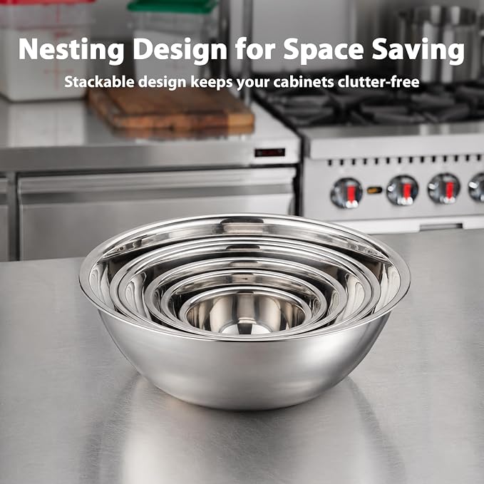 3 Piece Stainless Steel Mixing Bowls Set, 7.8/10/13.1 QT | Extra Large Stainless Steel Mixing Bowls Set, 7.8/10/13.1 QT, Nesting Metal Bowls with Flat Base for Baking, Dough & Catering