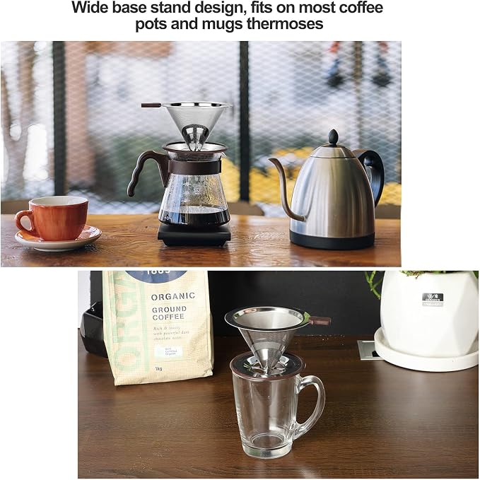 Pour Over Coffee Dripper, Reusable 304 Stainless Steel Filter for 1-4 Cup | Dual 304 stainless micro mesh, silicone heat handle, anti-slip stand, paperless reusable, easy clean for travel camping
