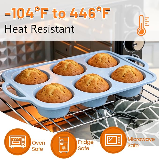 Jumbo Muffin Pan, Metal Reinforced Frame 3.5inch Jumbo Silicone Muffin Pan | 2 Pack, with Handle, BPA Free, Nonstick, Oven Dishwasher Safe, Food-Grade Silicone, Heat-resistant: -104°F to 446°F, 6-Cup