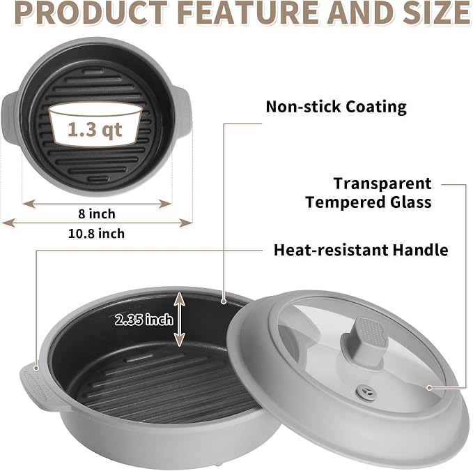GLOU-GLOU GOOSE GGG Microwave Grill Pan, Fry Griddle Crisper Pan with Lid for Grilling Browning and Crisping Foods Microwave Silicone Cookware for Meat Sandwich Vegetable Light Grey