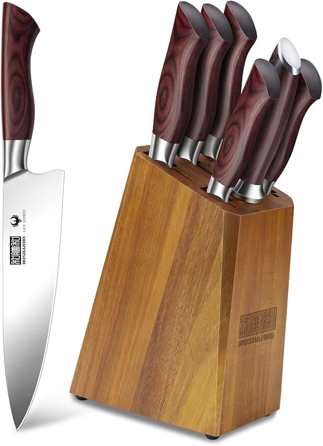 HOSHANHO 7PCS Kitchen Knife Set with Block, Sharp Chef Knives & Sharpener | High-Carbon Stainless Steel Cooking Knife Set, Ultra Sharp Professional Knife Set with Ergonomic Wood Handle, Ideal Home Gift