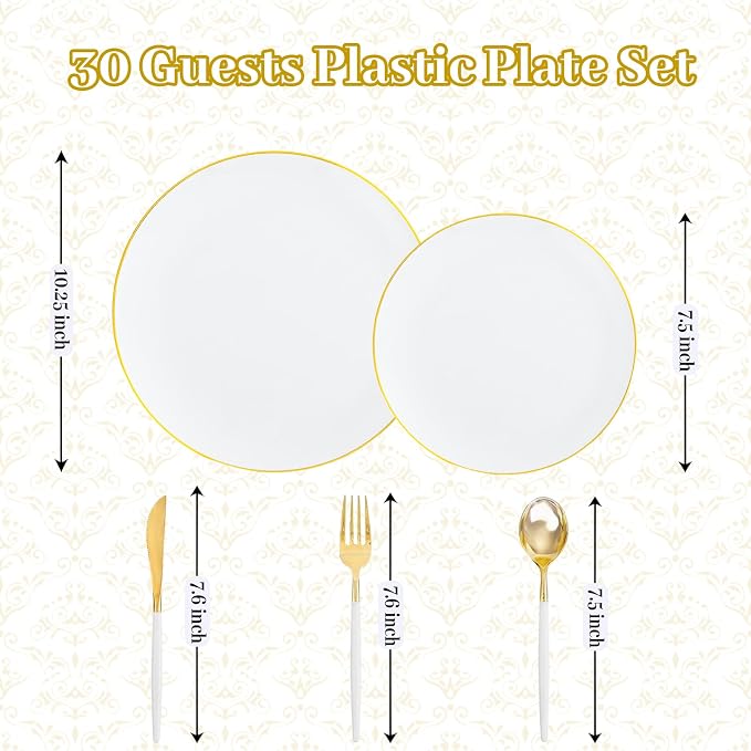 DaYammi 150Pcs Gold Plastic Plates with Disposable Silverware,White Gold Disposable Dinnerware Set - 30 Dinner Plate,30 Dessert Plate,90 Gold Cutlery with White Handles,Fancy Plates for Party Wedding