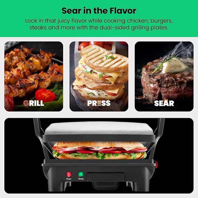 Chefman Panini Press Grill and Gourmet Sandwich Maker NonStick Coated Plates,Opens 180 Degrees to Fit Any Type or Size of Food,Stainless Steel Surface and Removable Drip Tray,4 Slice,Black,(Pack of 2)