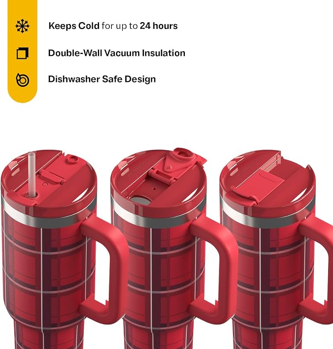 RTIC 40 oz Road Trip Tumbler Double-Walled Cermaic Lined Insulated Stainless Steel Portable Travel Coffee Mug Cup with Lid, Handle and Straw, Red Plaid