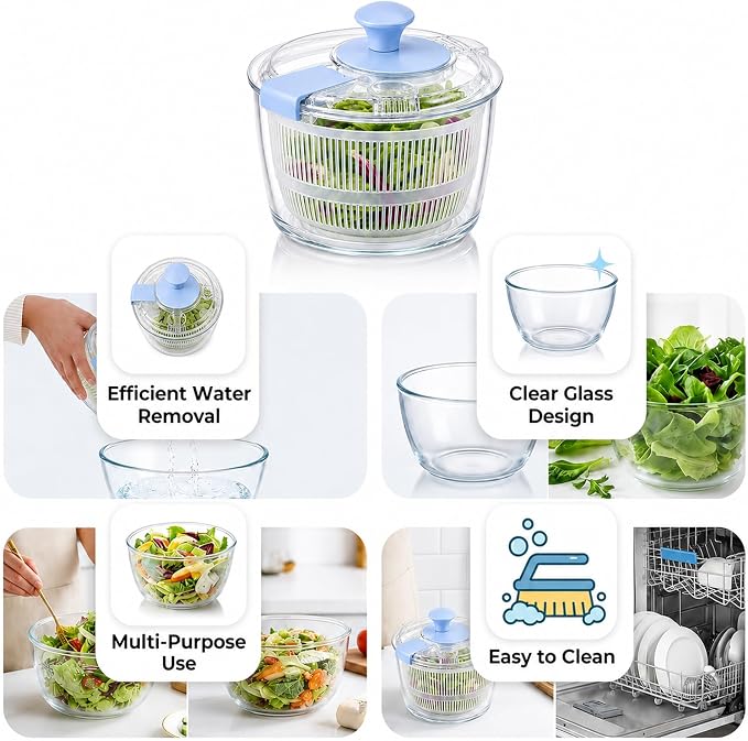 3.2 Qt Glass Salad Spinner with Storage Lid, Non-Slip Base & Basket, Blue | Compact Vegetable Dryer and Greens Washer with Clear Basket & Crank Handle; Borosilicate Bowl Microwave & Dishwasher Safe