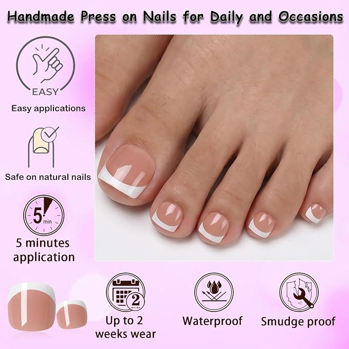 240pc White French Tip Press on Toenails Short Square False Toenail, Coffee Fake Toe Nails Kit with Glue, 12 Sizes Acrylic Glue on Nails Toes Square French Tip Press-on Toe Nail for Women Girls