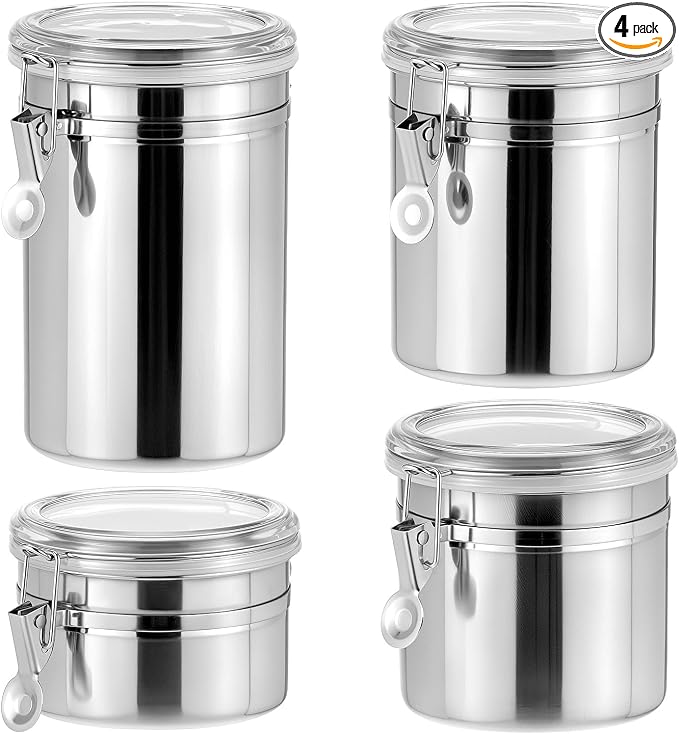 QWORK 4 Pack Stainless Steel Kitchen Storage Canister, Airtight Flour Clamp Canister, 26oz, 36oz, 47oz, 62oz