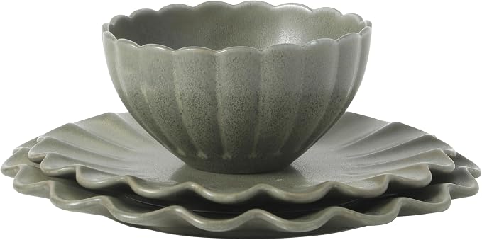 Gibson Elite Bistro Fleur Plates and Bowls Sets, 12-Piece Stoneware Dinnerware Set for 4, Matte Green Scalloped Dish Set with Dinner Plates, Salad Plates & Bowls