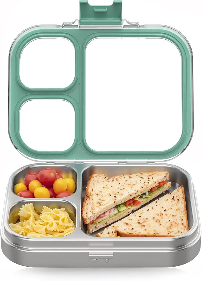 HOMEKOL Stainless Steel Bento Lunch Box, Green, 3.3Cups | 3-Compartment,Leak-Proof, for Kids & Adults, BPA-Free, Dishwasher Safe, Clear Tritan Lid, 800ml (Not Insulated)