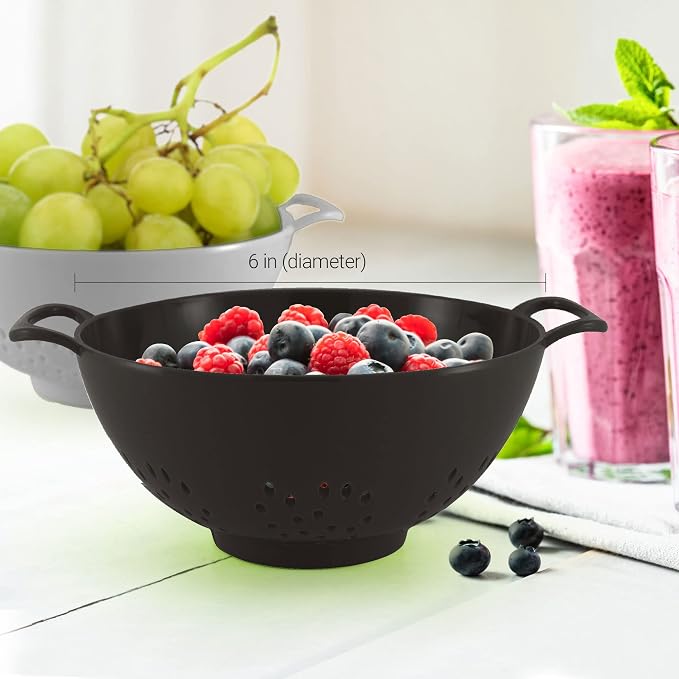 Meadow Lane 6-Inch Small Colanders, 3-Cup Food Strainers, Black/Gray, 2-Pack