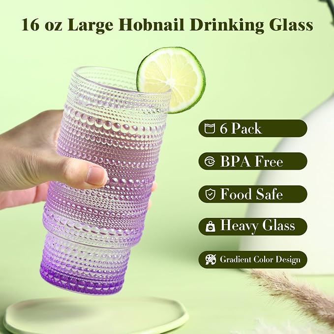Large Capacity 16 oz Hobnail Drinking Glasses Set of 6, Vintage Glassware Drinking Glasses, Gradual Purple Water Glasses Tumbler, Cups for Kitchen, Juice, Beer, Cocktail, Whiskey