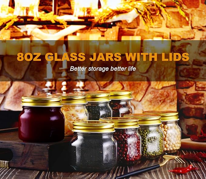 Rainforce Mason Jars 8 oz 30 Pack Small Glass Canning Jars with Gold Lids | 1/4 Quart canning jars regular mouth with 20 labels,1 pen.For food storage,meal prep,jelly,jam,honey,pickles,spice glass jars
