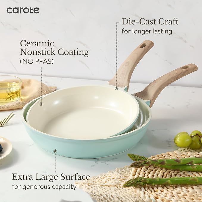 CAROTE 21pcs Ceramic Cookware Sets, Pots and Pans Set Blue | Non-Toxic, Healthy Kitchen set, Induction Compatible, Easy Clean, Even Heating, PFAS FREE
