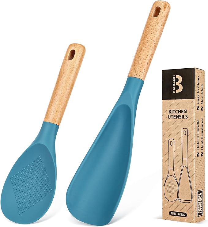 Cooking Spoon and Rice Scooper for Nonstick Cookware,Multi-function | Great for Cooking and Serving, Sturdy BPA-Free Matte Silicone, Wood Handle Spoon for Mixing, Scoop, and Scrape,9.3"+14.3"