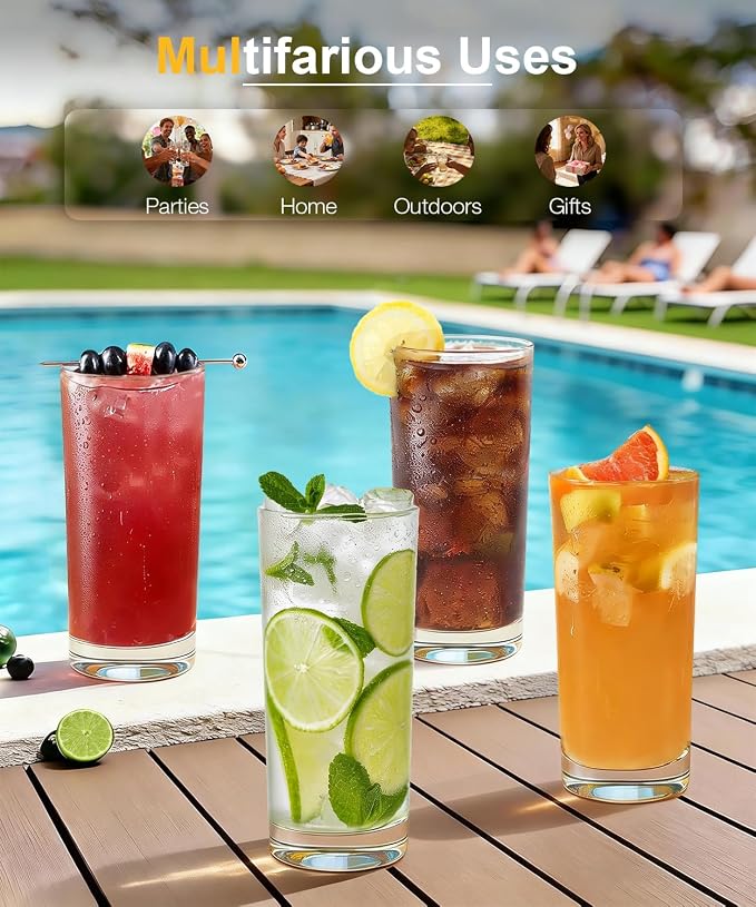 Drinking Water Glass Cups Set,Crystal Highball Glasses cups set of 8,16oz | Wide Mouth Design Tall Glassware for Cocktail Parties, Family Dinners