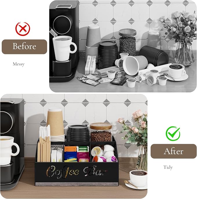 Coffee Bar Organizer for Countertop, Wood Coffee Station Organizer | Coffee Cup and Supplies Holders with Metal Mesh Baskest, Stirrer Sugar Creamer Caddy, Coffee Bar Accessories and Organizer