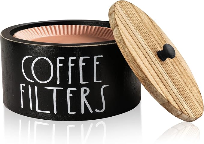 MINCORD Coffee Filter Holder | Black Finsh Wood Coffee Filter Storage Container for Counter | Farmhouse Coffee Bar Accessories for Home Office Decor