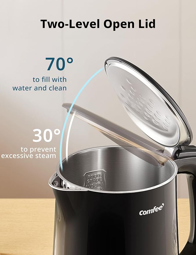 COMFEE' Stainless Steel Double Wall Electric Kettle 1.5L, Black